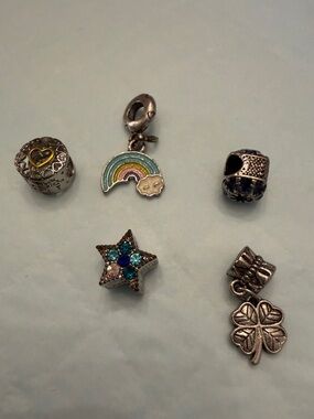 Silver Tone Pandora Charms with Rainbow, Star & Clover